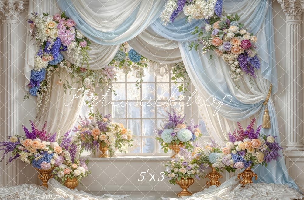 Kate Summer Flower Arch Blue Drapes Window Columns Printed Backdrop Designed by Emetselch