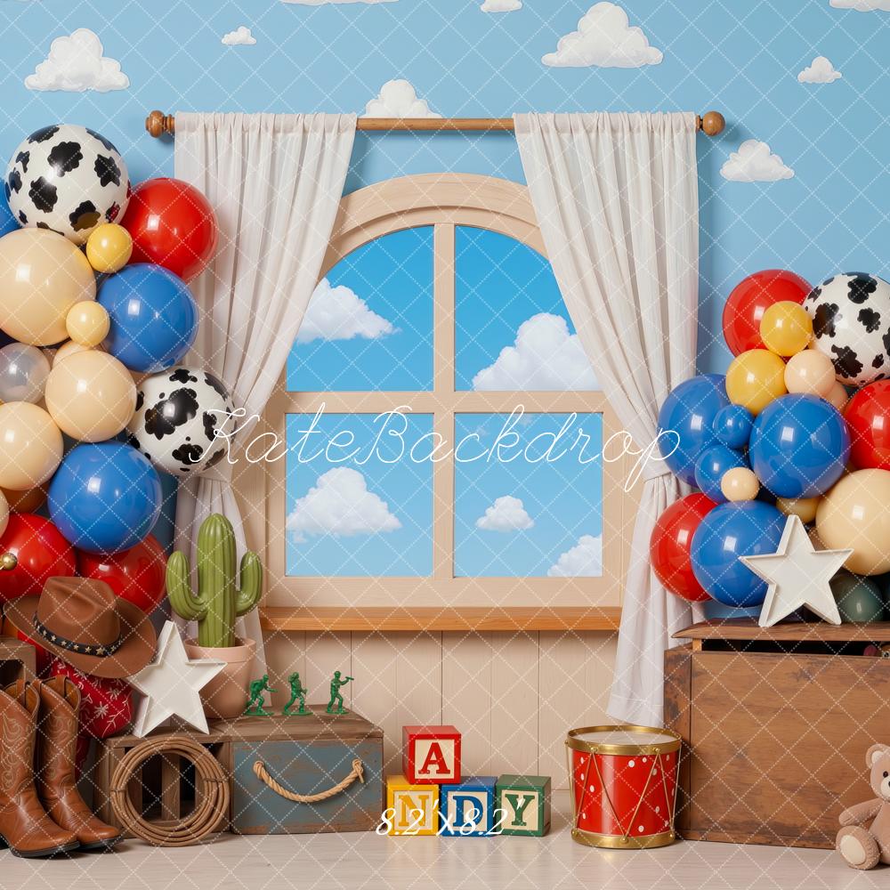 Kate Cake Smash Cowboy Toys Boots Balloons Window Blocks Printed Backdrop Designed by Mini MakeBelieve