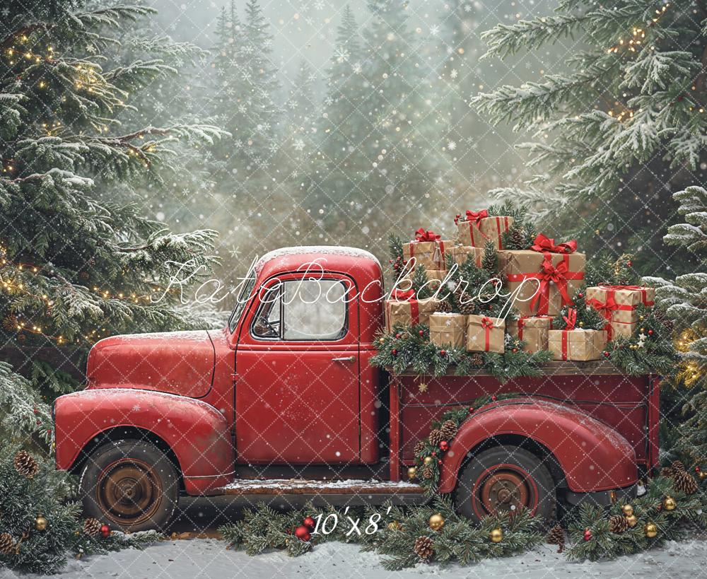 Kate Christmas Red Truck Gifts Pine Trees Snowy Backdrop Designed by Emetselch