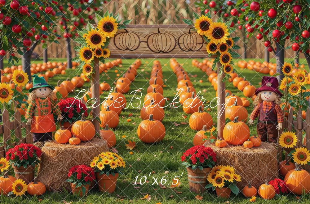 Kate Fall Pumpkin Field Sunflowers Scarecrows Hay Bales Printed Backdrop Designed by Mini MakeBelieve
