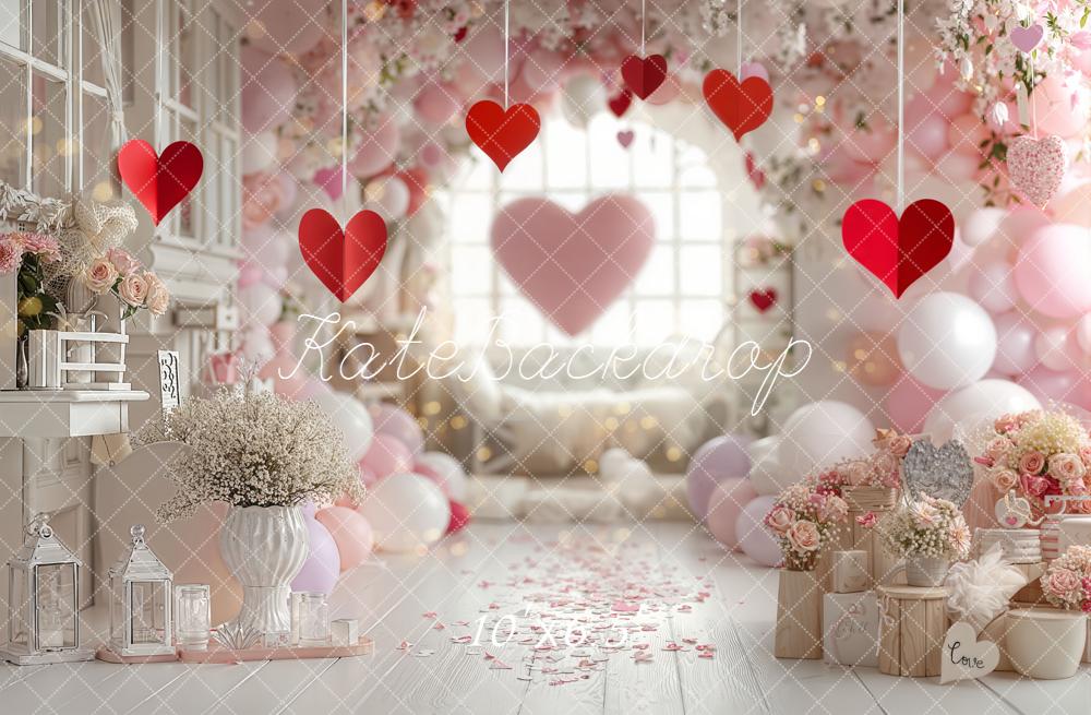 Kate Valentine's Day Hearts Pink Balloons Flowers Arch Backdrop Designed by Emetselch