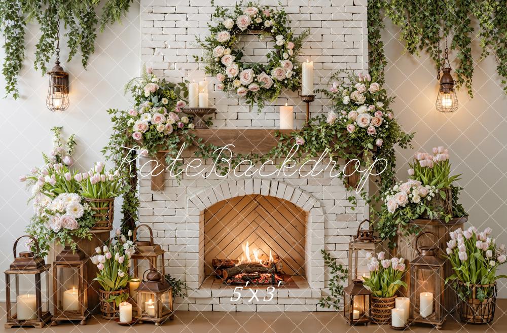 Kate White Brick Fireplace Floral Lanterns Backdrop Designed by Emetselch