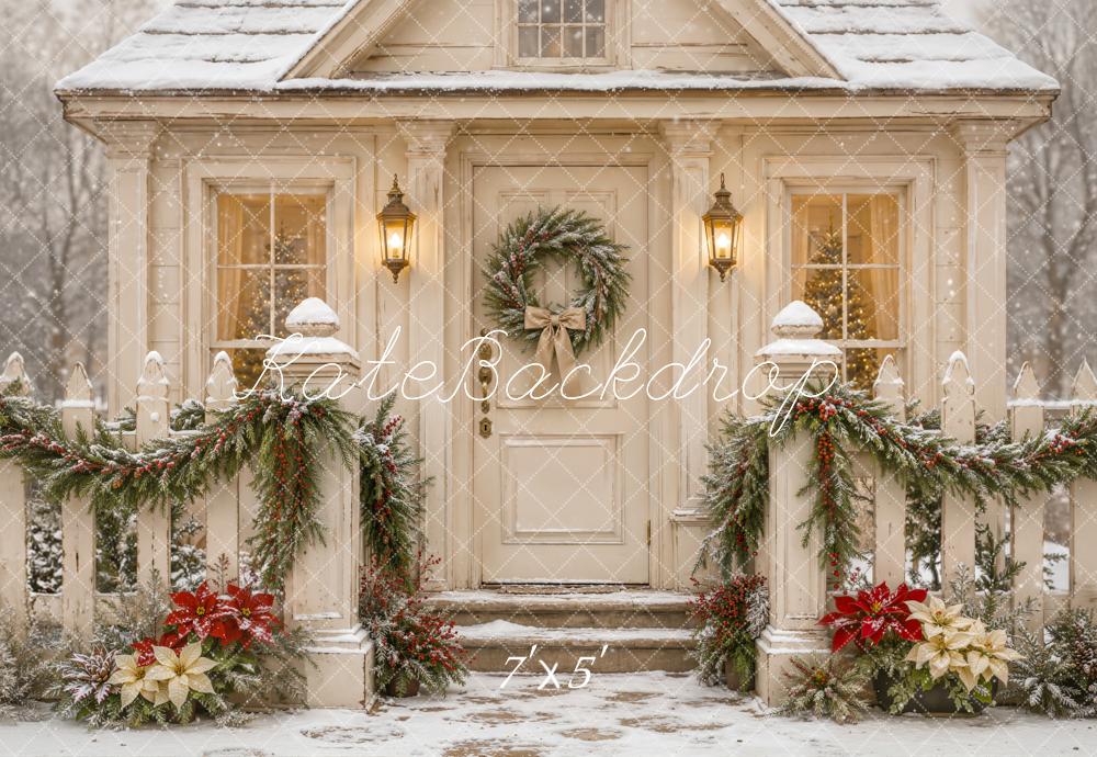Kate Christmas White Cottage Snow Garland Wreath Printed Backdrop Designed by Emetselch