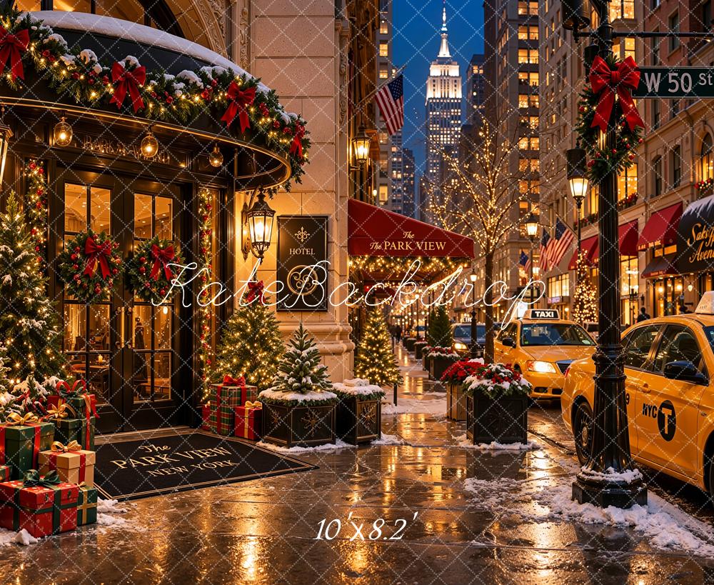 Kate Christmas Shop Snowy City Street Taxis Printed Backdrop Designed by Shutter Swan Studios