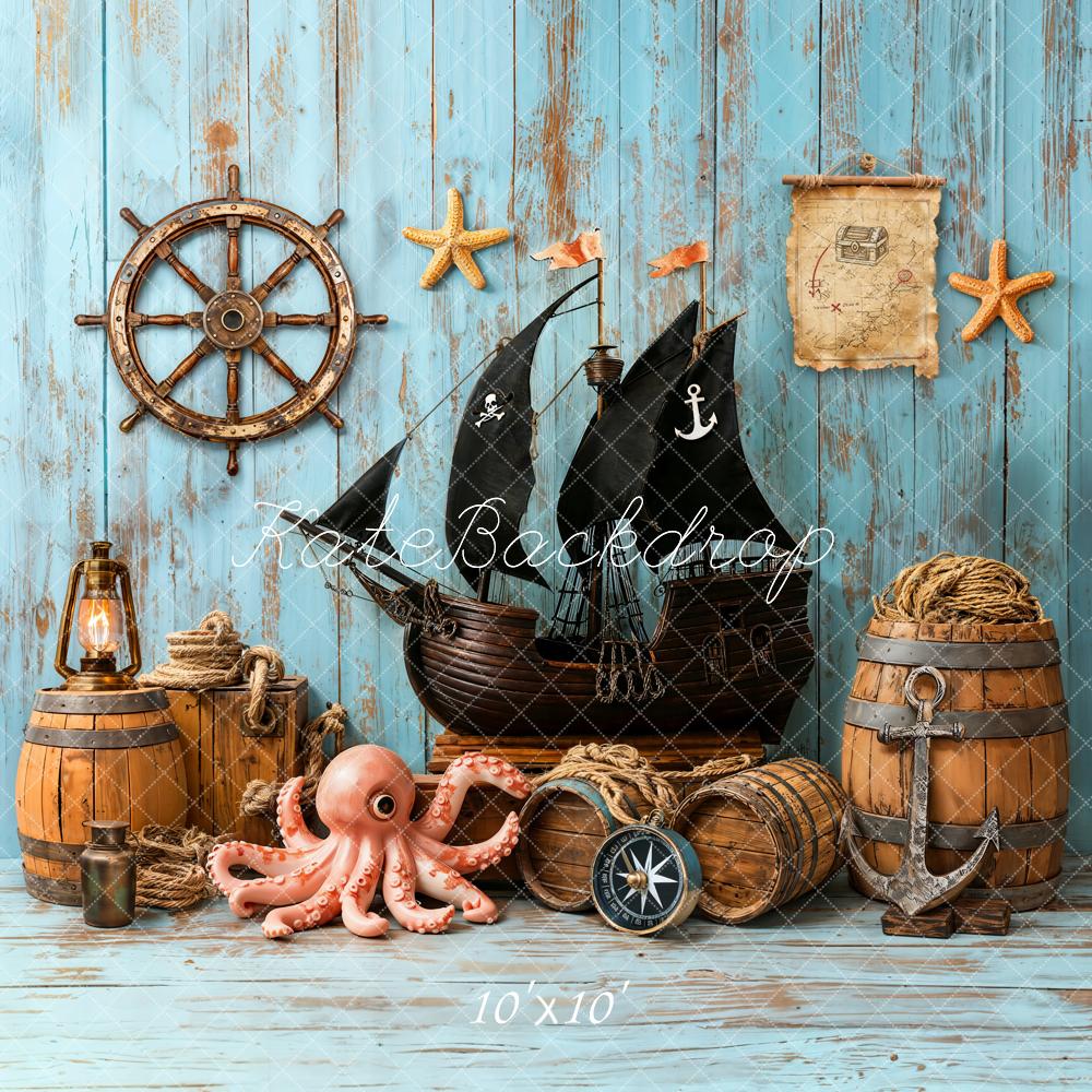 Kate Pirate Ship Treasure Map Barrels Nautical Blue Wood Backdrop Designed by Emetselch