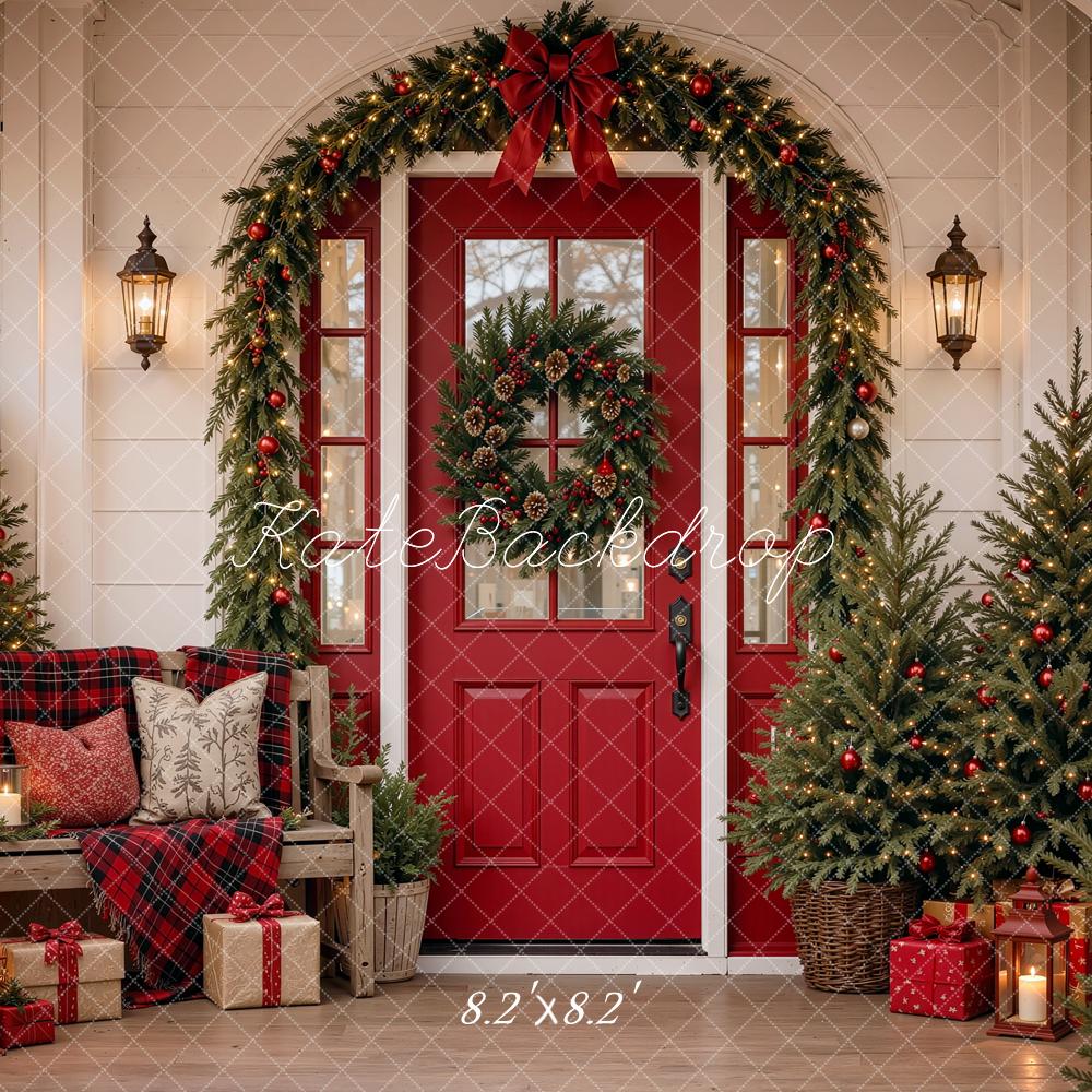 Kate Christmas Red Door Front Porch Garland Trees Gifts Printed Backdrop Designed by Shutter Swan Studios