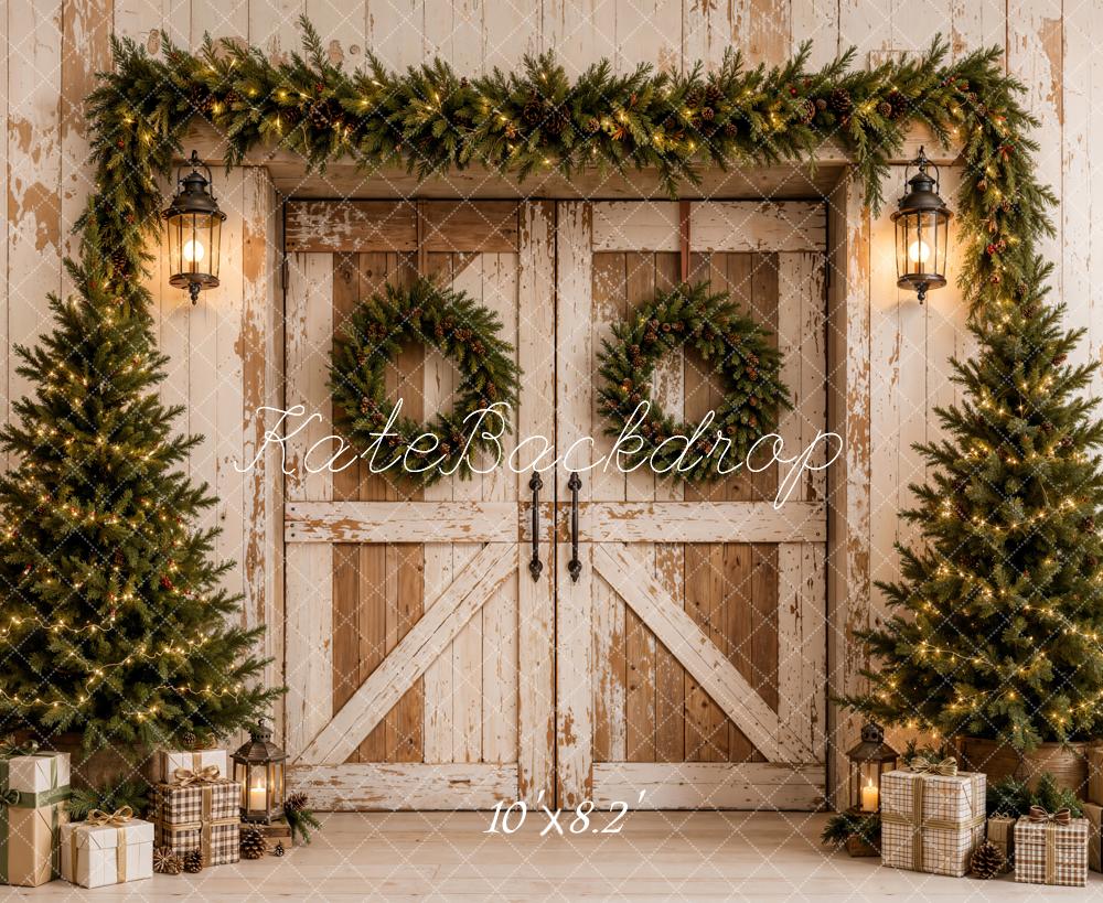 Kate Christmas Barn Doors Vintage Evergreen Trees Garland Printed Backdrop Designed by Emetselch