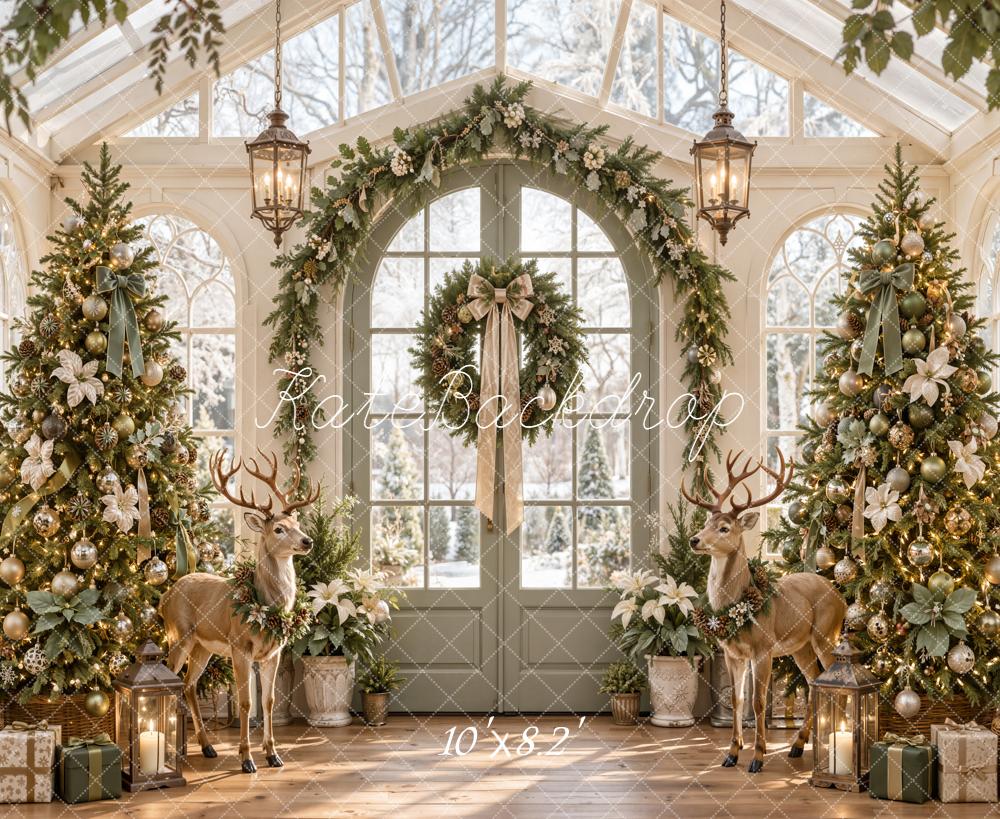 Kate Christmas Greenhouse Arch Garland Deer Christmas Trees Printed Backdrop Designed by Emetselch