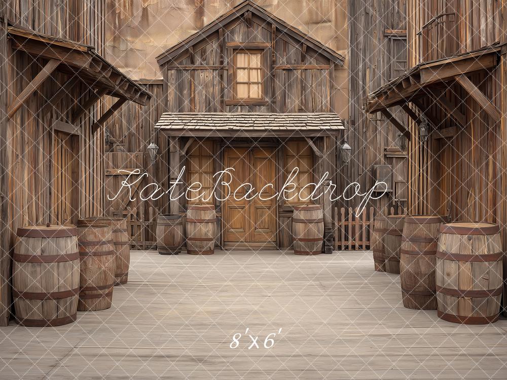 Kate Western Old Town Wooden Buildings Barrels Printed Backdrop Designed by Angela Miller