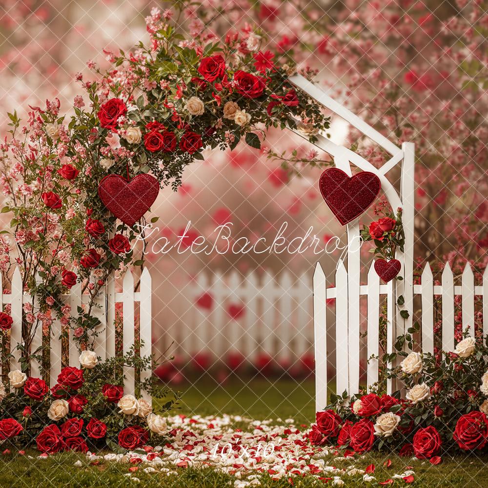 Kate Valentine's Day Garden Flower Arch Red Roses Hearts White Fence Backdrop Designed by Emetselch