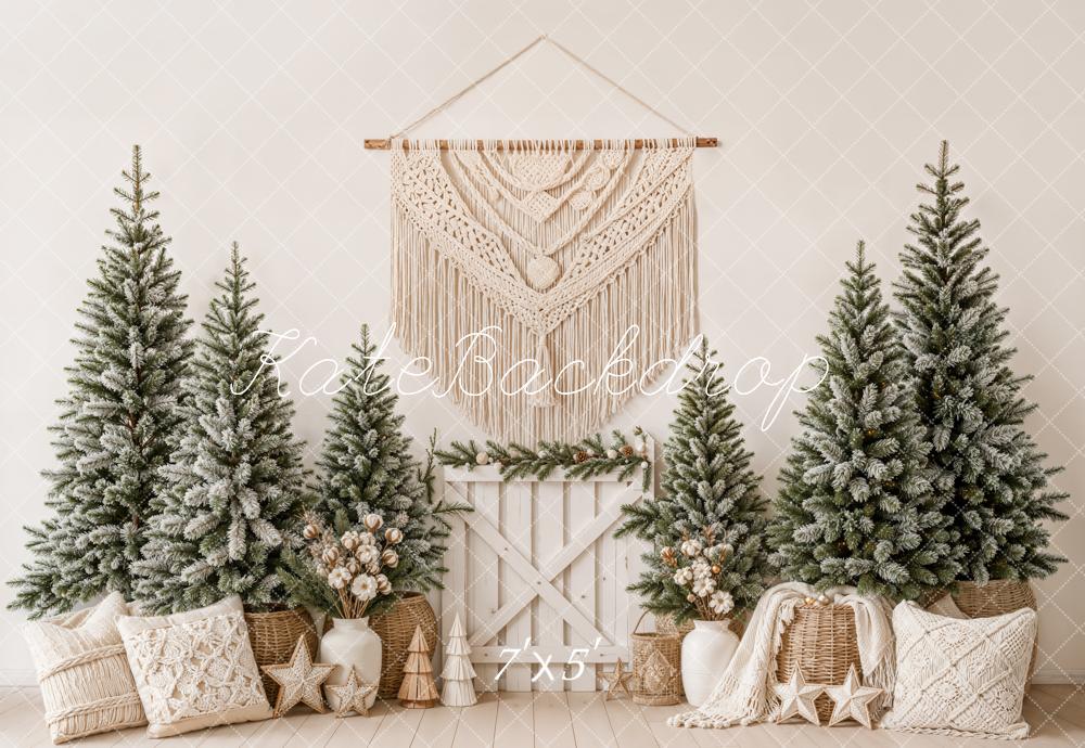 Kate Christmas Boho Snowy Pine Trees Macrame Pillows Printed Backdrop Designed by Emetselch