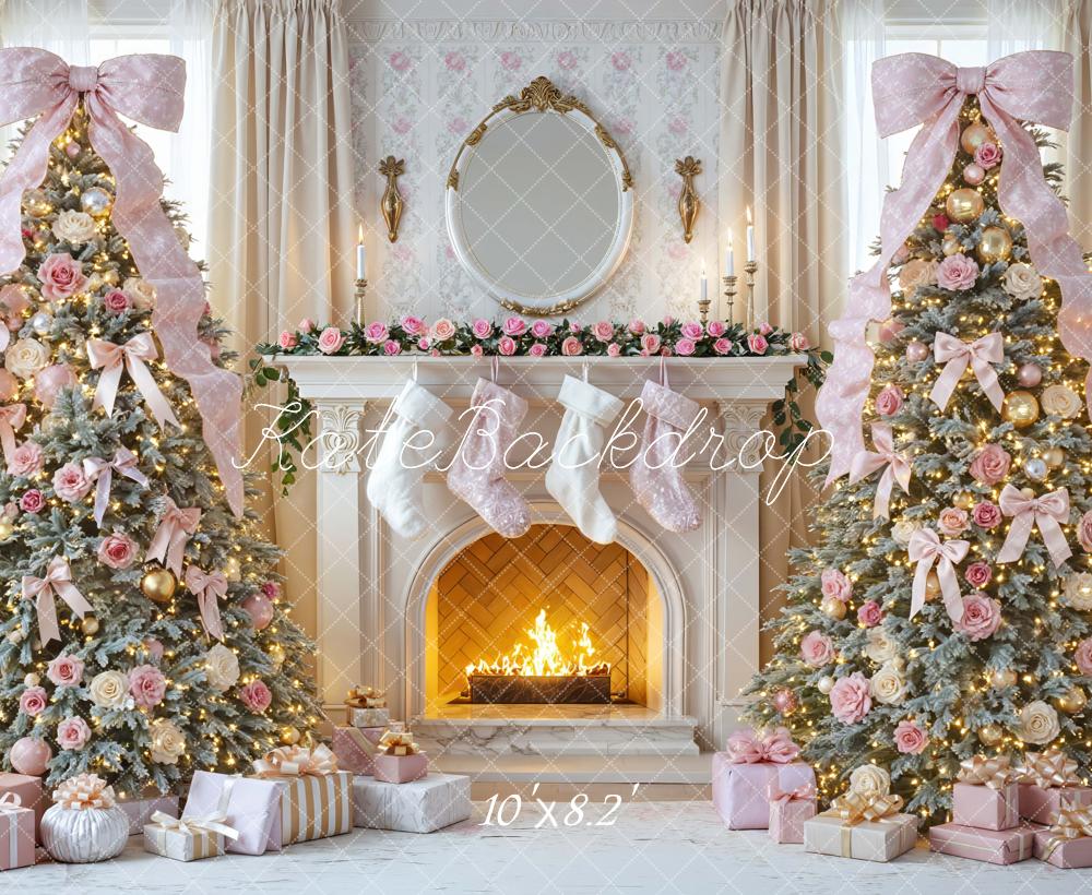Kate Christmas Fireplace Pretty Pink Bow Trees Gifts Printed Backdrop Designed by Mini MakeBelieve