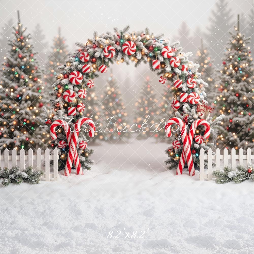 Kate Christmas Flower Arch Candy Cane Trees Fence Printed Backdrop Designed by Emetselch