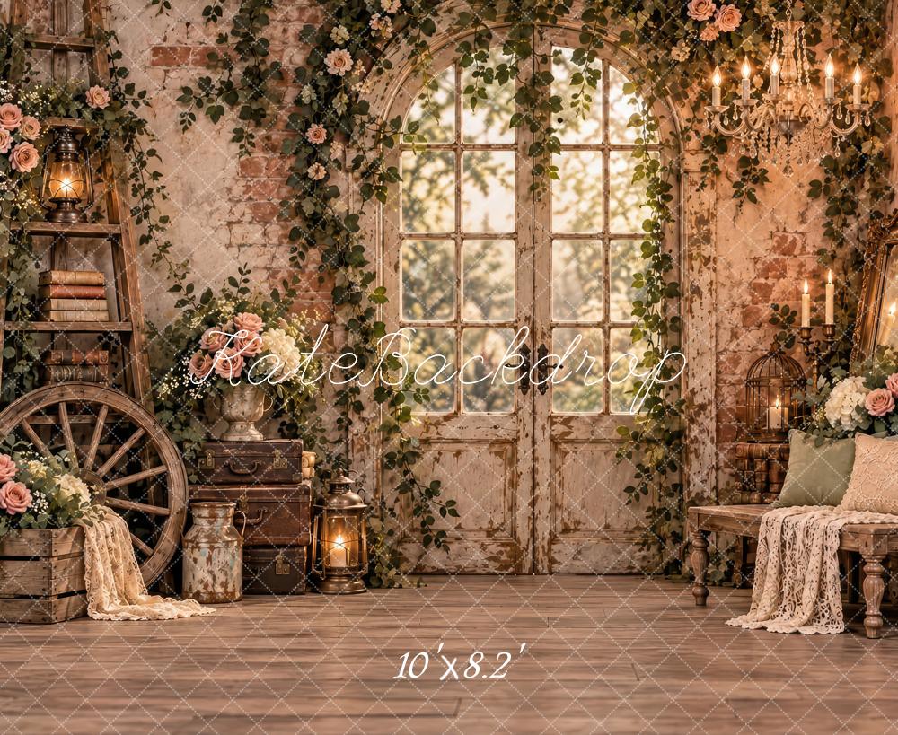 Kate Spring Brown Vintage Floral Brick Wall French Door Printed Backdrop Designed by Laura Bybee