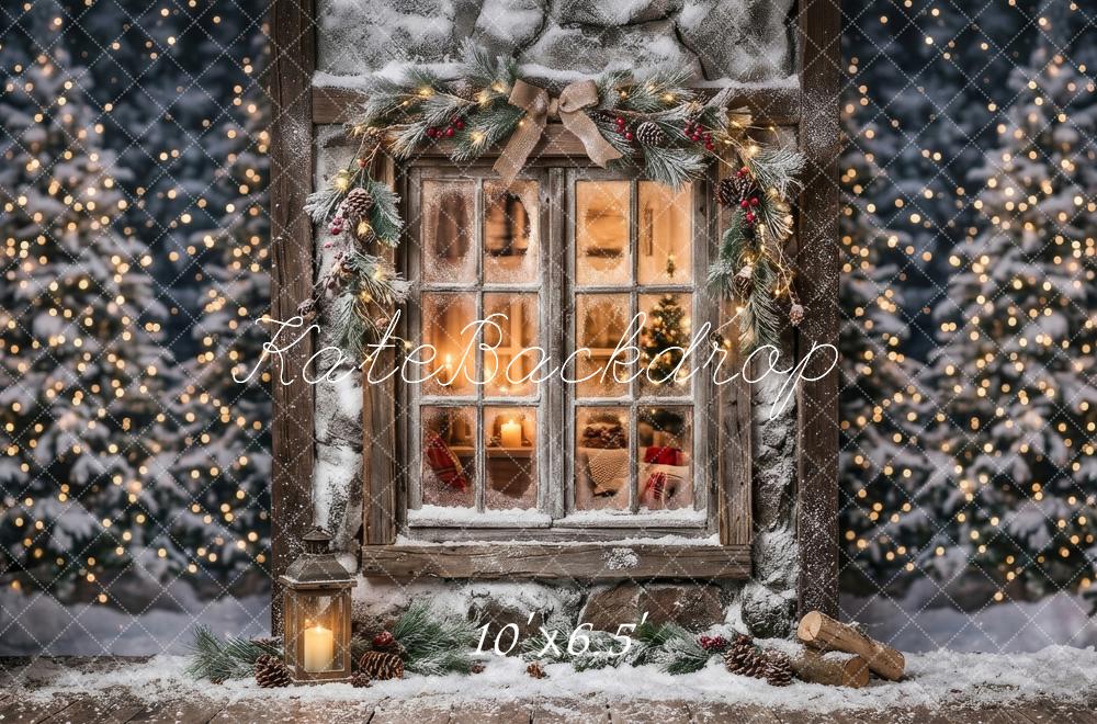 Kate Christmas Evening Snowy Window Garland Lantern Printed Backdrop Designed by Happy Squirrel Design