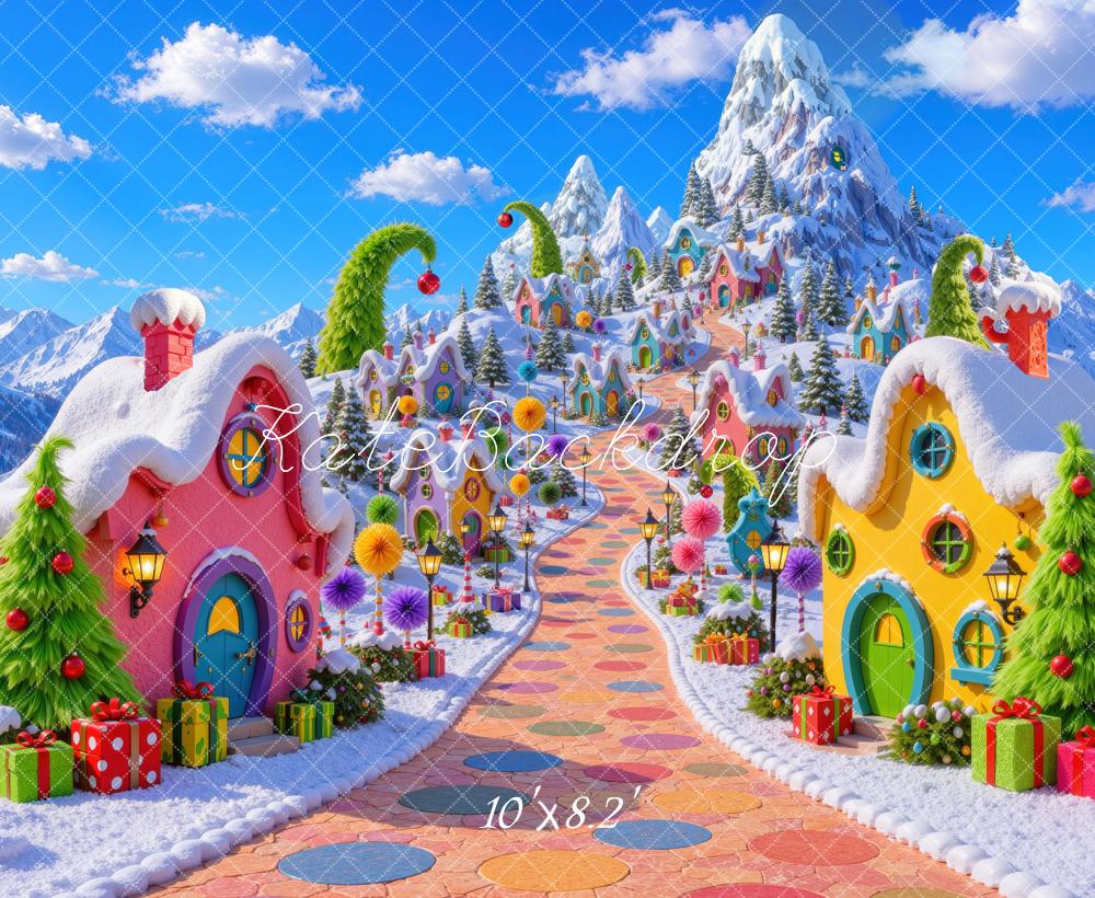 Kate Christmas Whimsical Whoville Candy Village Snowy Mountains Printed Backdrop Designed by Mini MakeBelieve