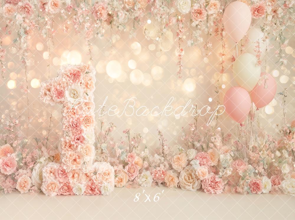 Kate Cake Smash One Flower Arch Bokeh Balloons Printed Backdrop Designed by Angela Miller