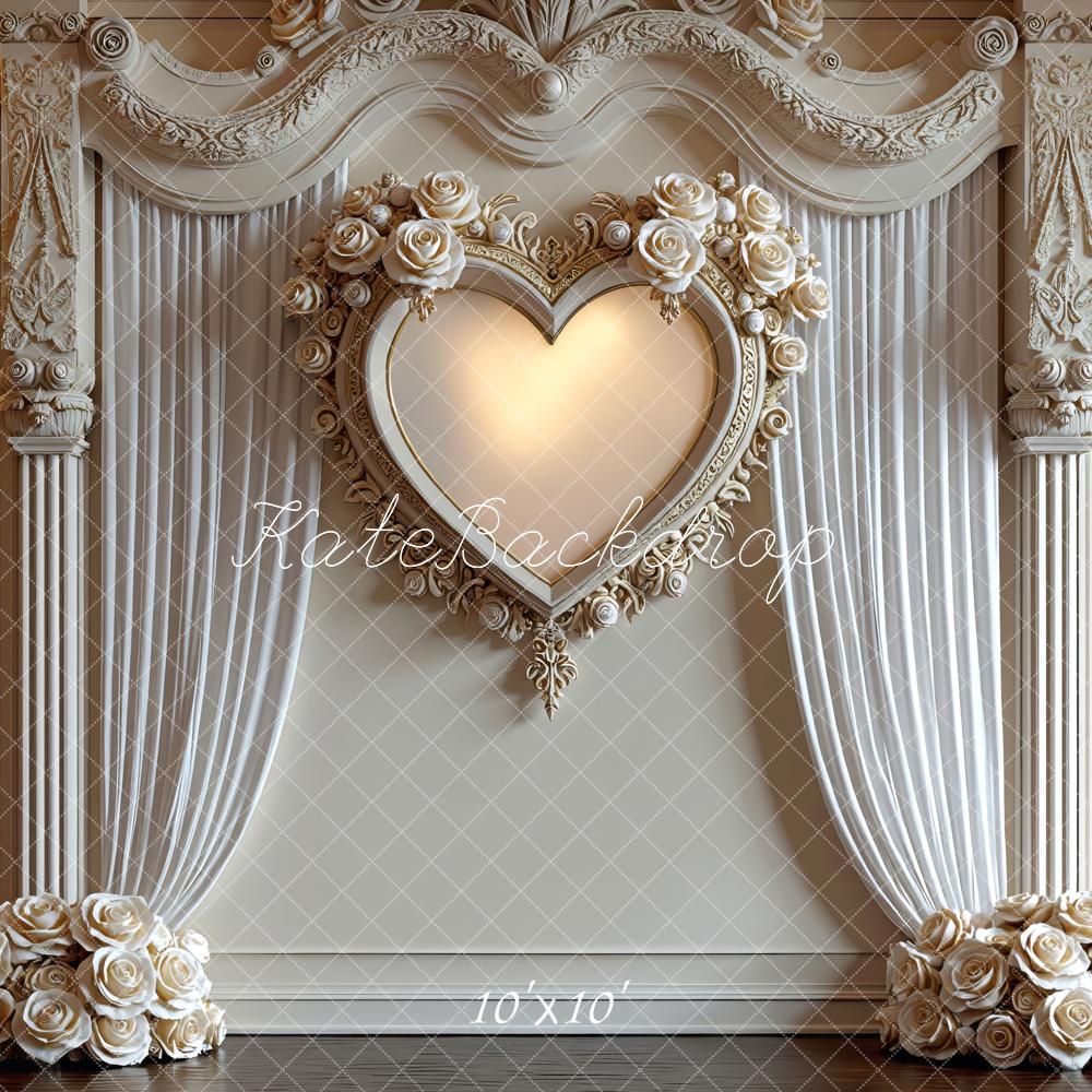 Kate Heart Flower Arch White Drapes Columns Backdrop Designed by Mini MakeBelieve