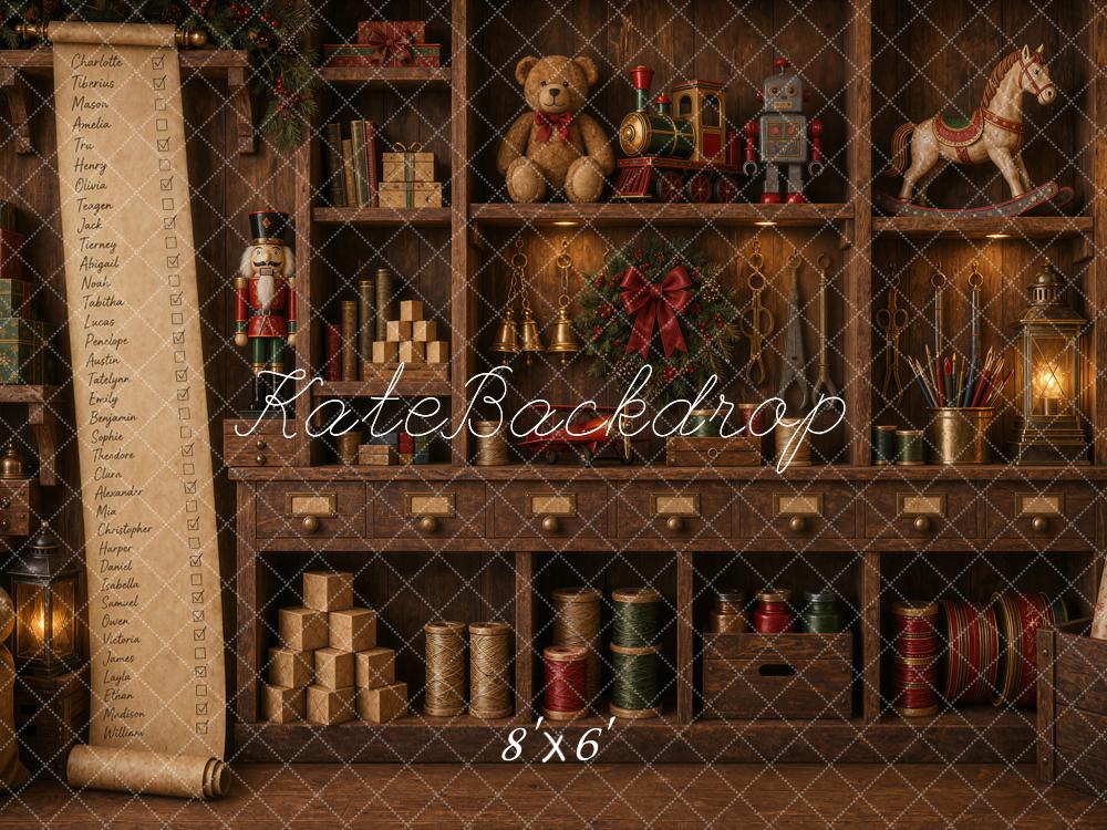 Kate Christmas Santas Workshop Toy Shelf Nutcracker Train Wreath Printed Backdrop Designed by Ashley Ward