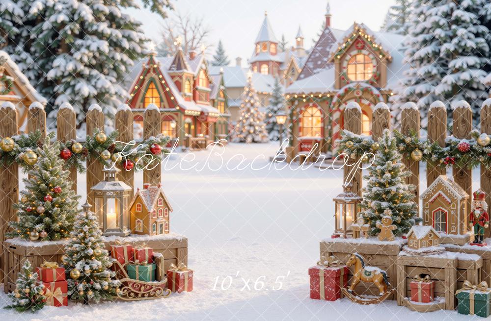 Kate Christmas Snowy Village Gingerbread Houses Printed Backdrop Designed by Mini MakeBelieve