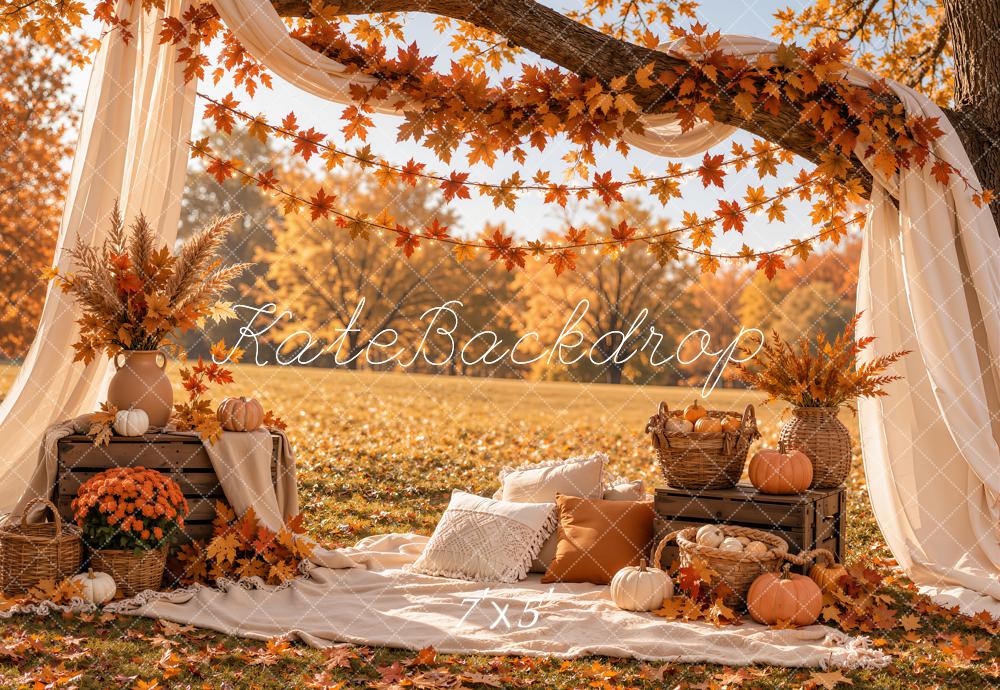 Kate Fall Orange Pumpkin Draped Canopy Printed Backdrop Designed by Emetselch