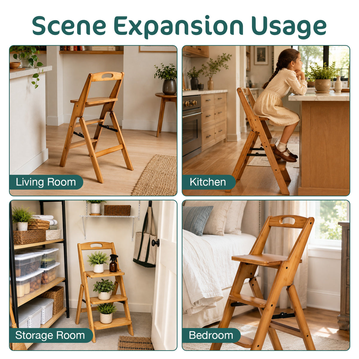 SALE Kate 3-Step Foldable Wooden Photography Step Ladder, 300 lb Capacity Solid Wood Step Stool with Back for Pose Studio, Portrait Shooting, Home Kitchen & Living Room