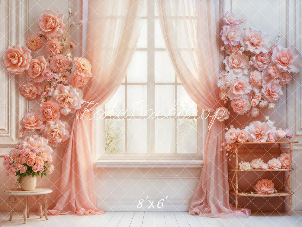 Kate Spring Blush Flower Arch Window Pink Curtains Printed Backdrop Designed by Emetselch