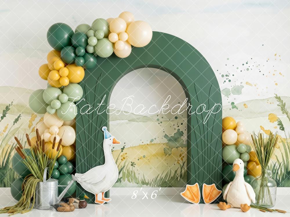 Kate Spring Birthday Green Garden Arch Geese Balloon Garland Printed Backdrop Designed by Patty Roberts