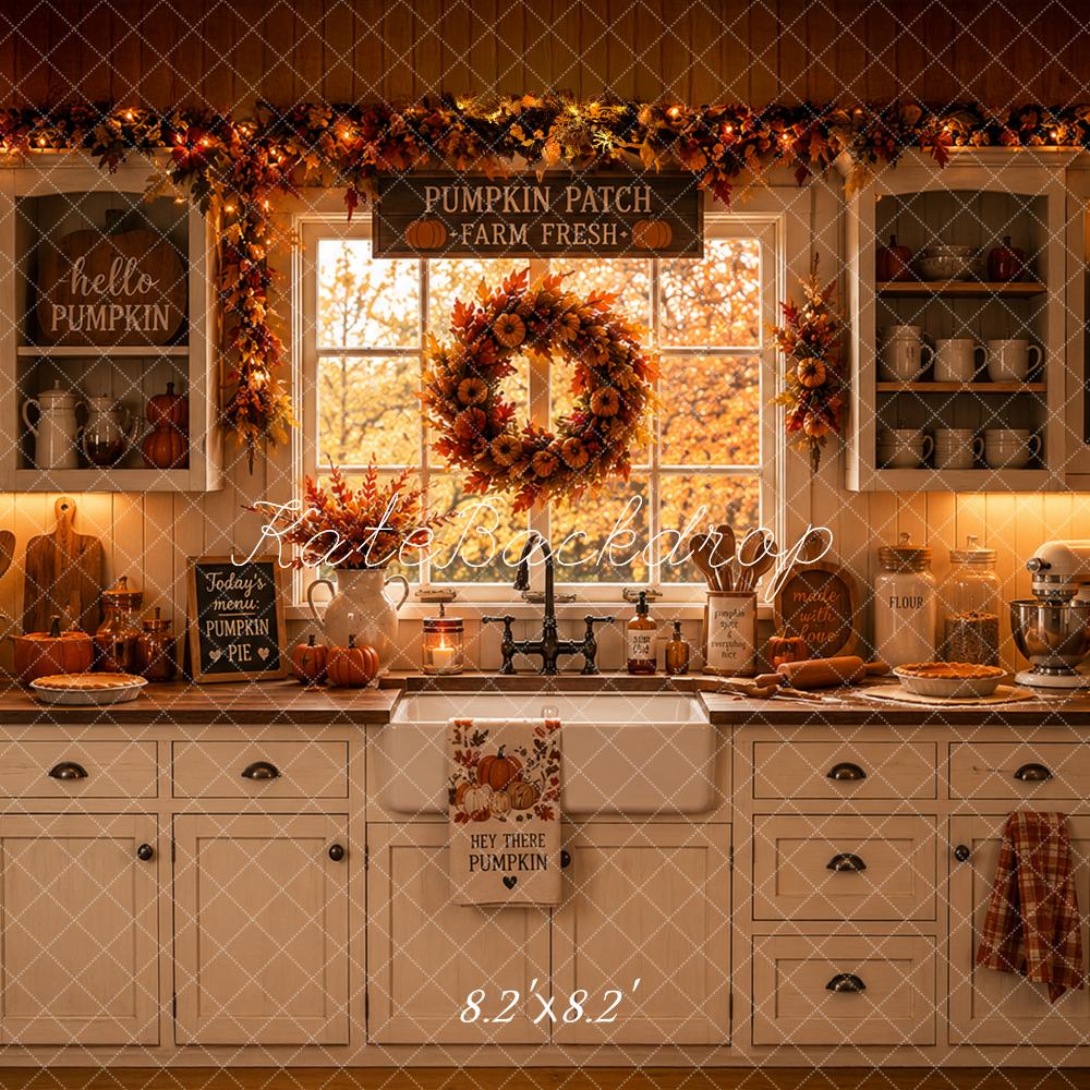 Kate Fall Pumpkin Farmhouse Kitchen Wreath Window Printed Backdrop Designed by Caitlin Lynch