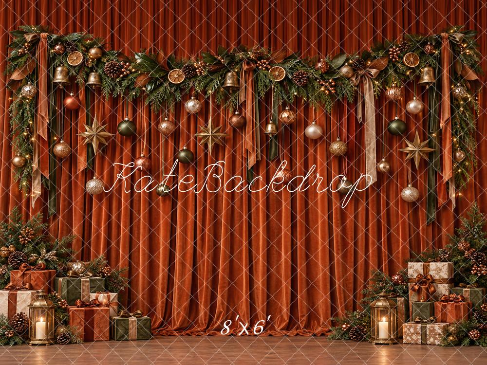 Kate Christmas Burnt Orange Velvet Curtain Ornaments Garland Lights Printed Backdrop Designed by Vertigo Productions