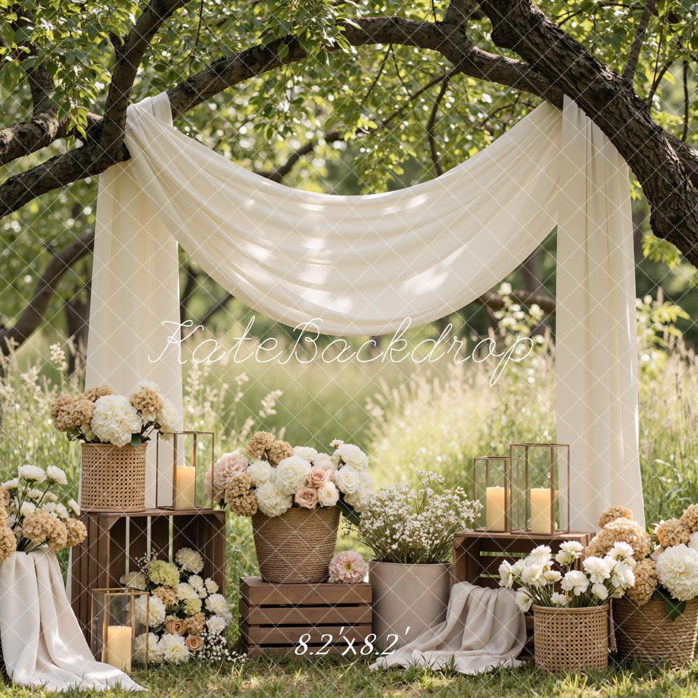 Kate Flower Arch Cream Drapes Rustic Baskets Printed Backdrop Designed by Mini MakeBelieve