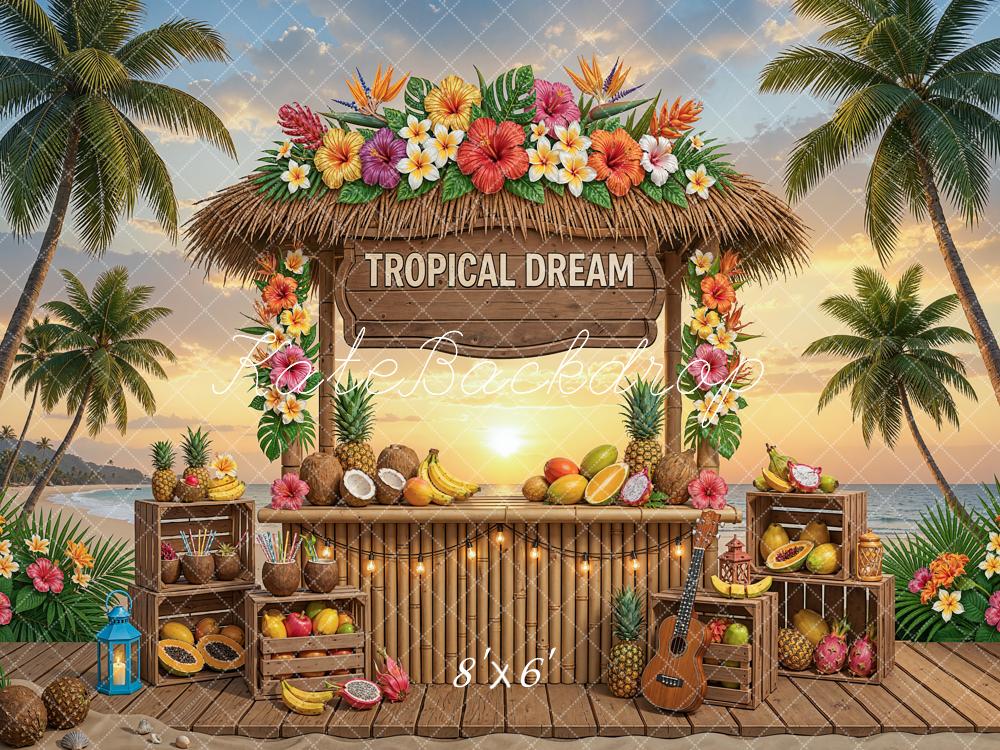 Kate Beach Tropical Tiki Bar Palm Trees Fruit Sunset Printed Backdrop Designed by Chain Photography