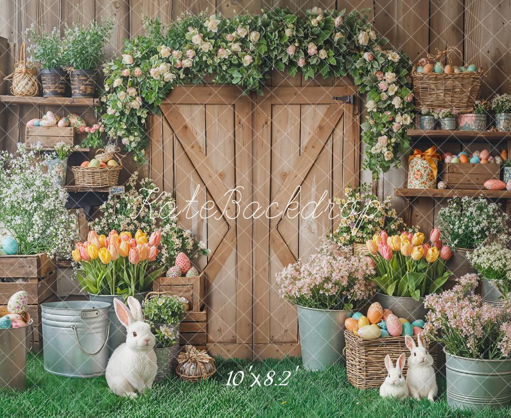 Kate Easter Wooden Door Bunny Flower Arch Tulips Rustic Backdrop Designed by Emetselch
