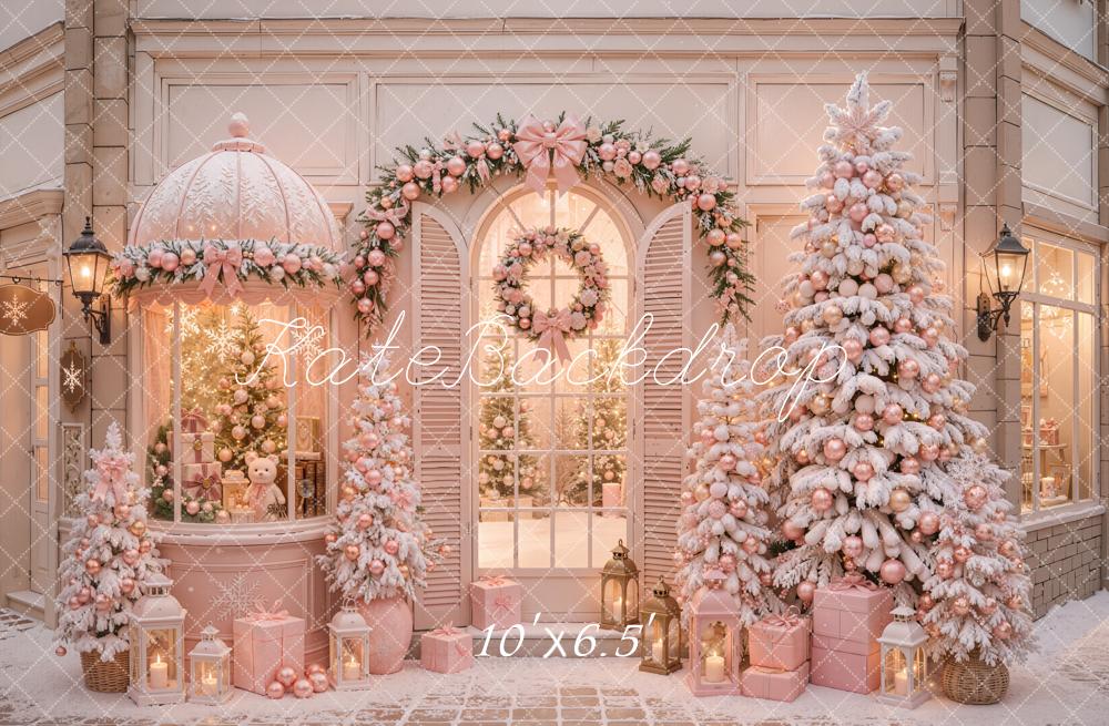 Kate Christmas Shop Pink Snowy Trees Garland Wreath Gift Boxes Printed Backdrop Designed by Emetselch