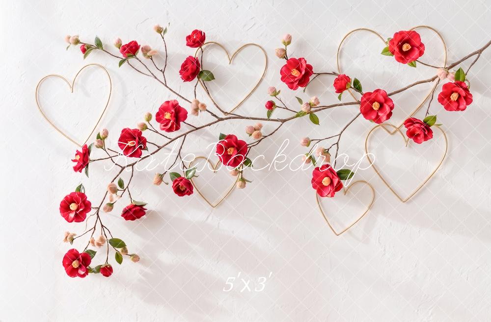 Kate Valentine's Day Red Flower Branch Gold Hearts Printed Backdrop Designed by Angela Miller