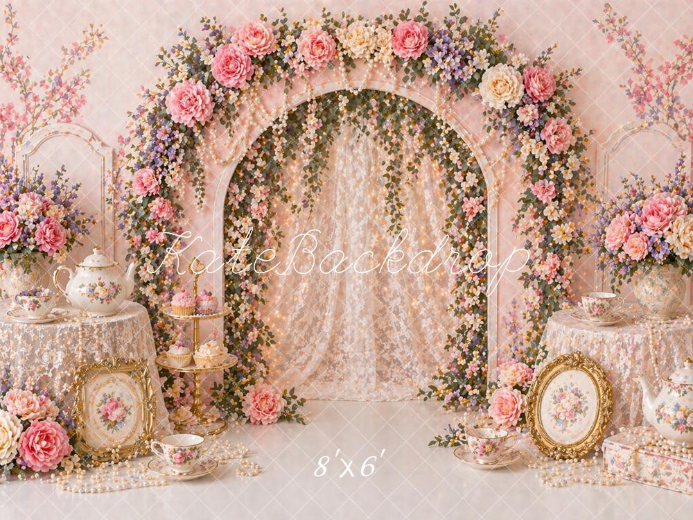 Kate Flower Arch Pink Floral Tea Set Printed Backdrop Designed by Caitlin Lynch