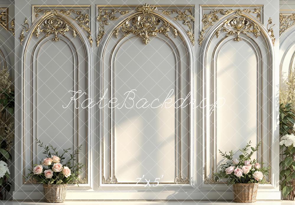 Kate White Gold Ornate Arch Wall With Flower Baskets Backdrop Designed by Mini MakeBelieve