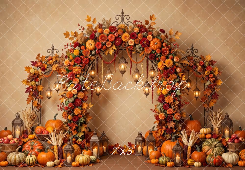 Kate Fall Flower Arch Pumpkins Hanging Lanterns Printed Backdrop Designed by Patty Roberts