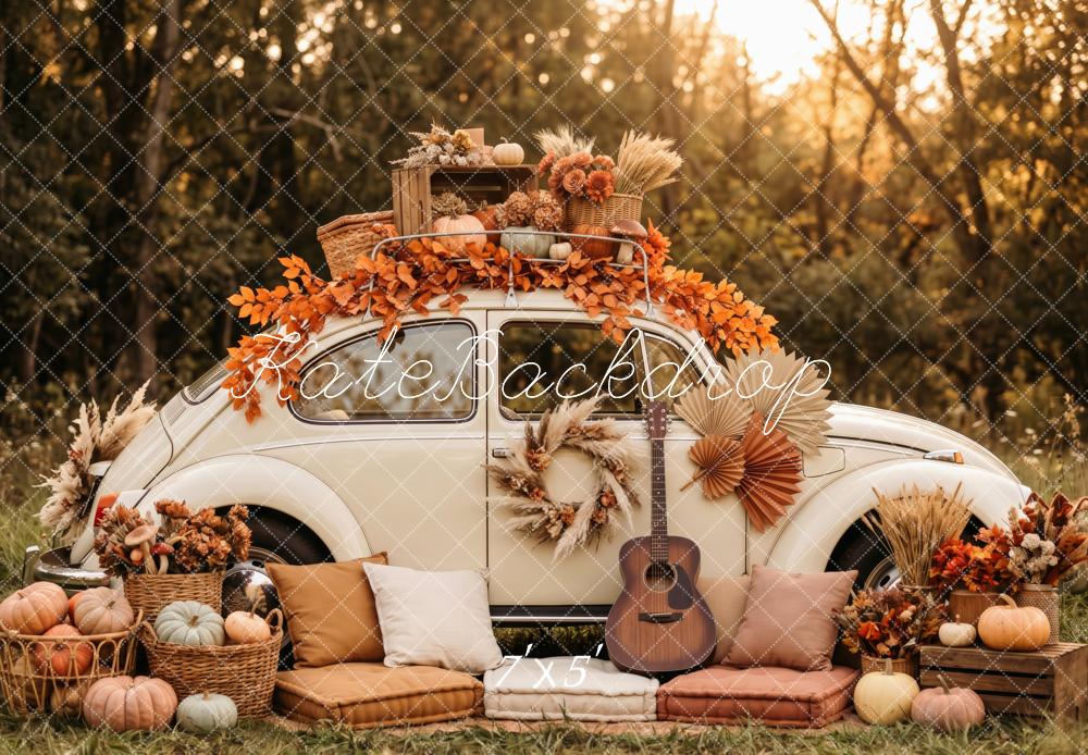 Kate Fall Woodland Vintage Car Pumpkins Guitar Maple Leaves Cozy Printed Backdrop Designed by Patty Roberts