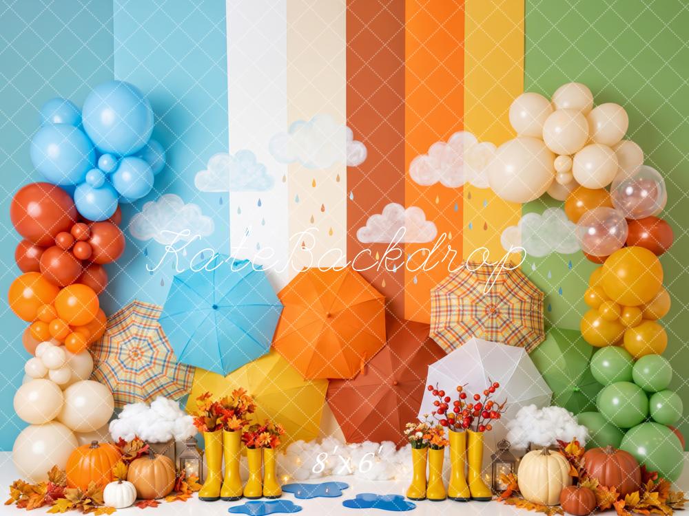 Kate Fall Birthday Rainbow Umbrellas Balloons Pumpkins Printed Backdrop Designed by Patty Roberts