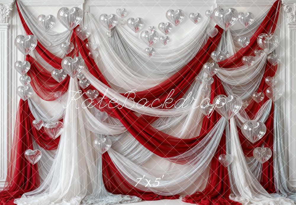 Kate Valentine's Day Red White Drapery Heart Balloons Printed Backdrop Designed by Mini MakeBelieve