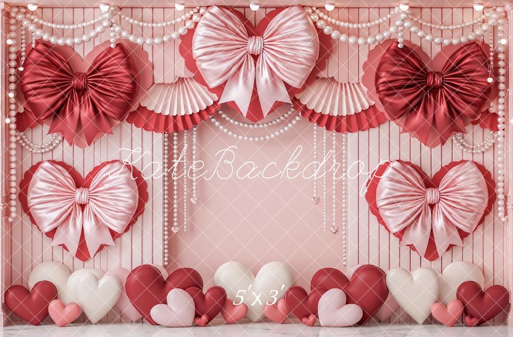 Kate Valentine's Day Pink Heart Satin Bows Pearls Printed Backdrop Designed by Angela Miller
