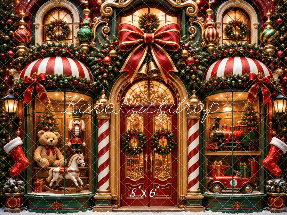 Kate Christmas Toy Store Front Teddy Bear Nutcracker Train Printed Backdrop Designed by Vertigo Productions