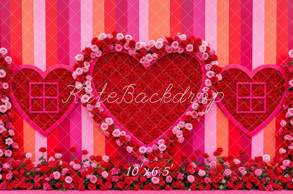 Kate Valentine's Day Heart Roses Striped Wall Backdrop Designed by Patty Roberts