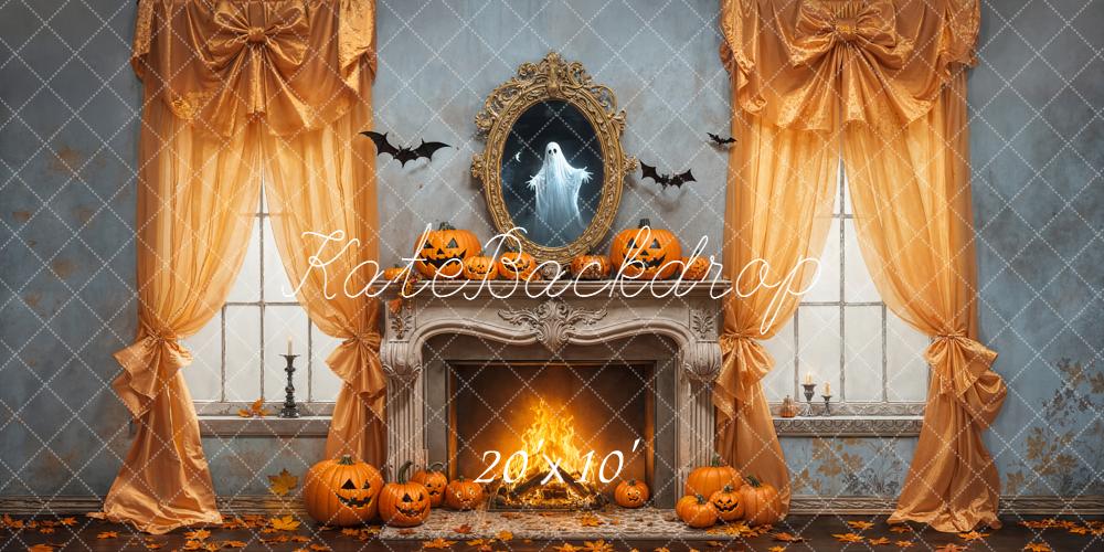 Kate Halloween Pumpkin Fireplace Bow Curtains Ghost Mirror Backdrop Designed by Emetselch