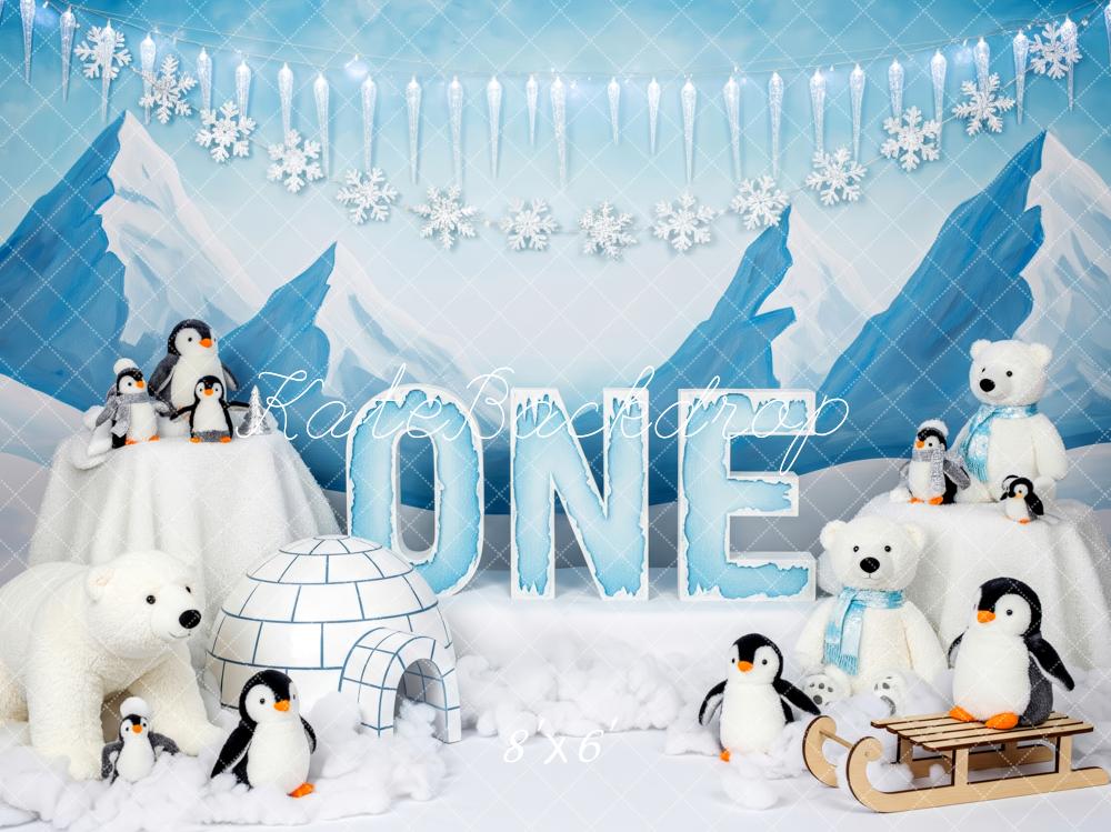 Kate First Birthday Winter Penguin Polar Bear Igloo Mountains Backdrop Designed by Patty Roberts