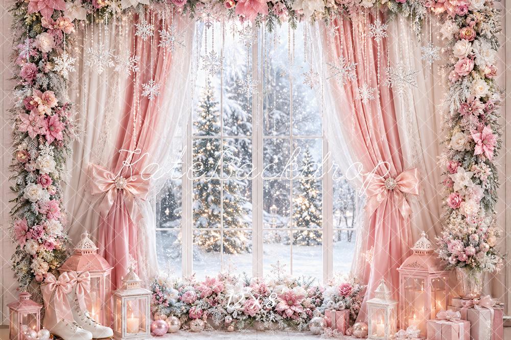 Kate Christmas Pink Curtains Flower Arch Window Snowy Printed Backdrop Designed by Ashley Paul