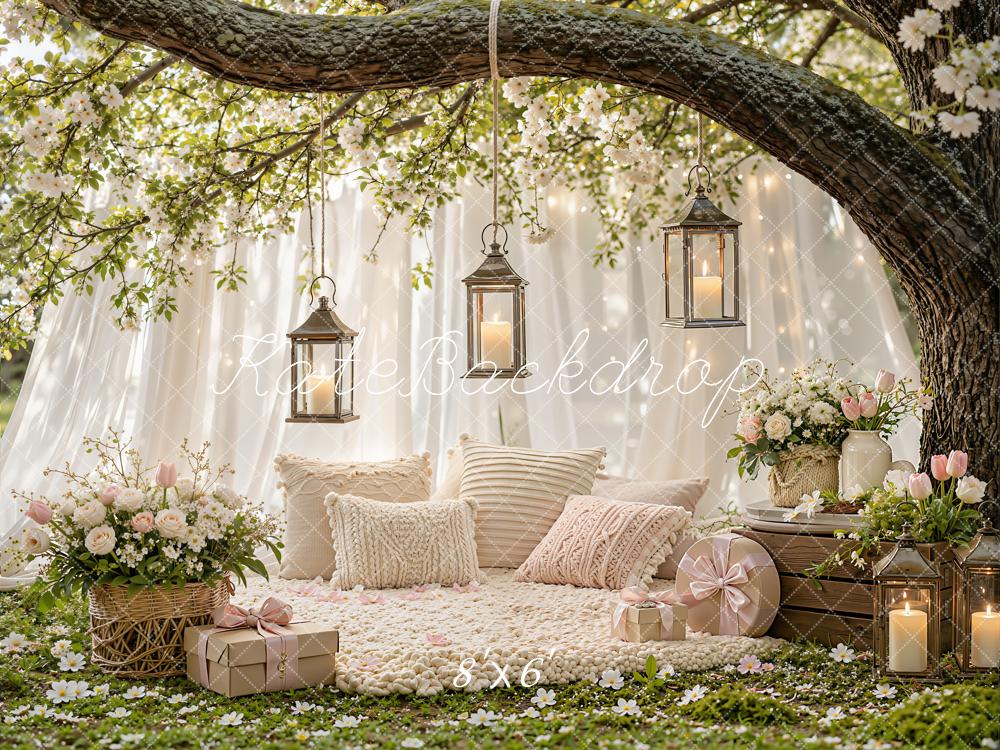 Kate Spring Cherry Blossom Branch Arch Lanterns Cozy Pillows Printed Backdrop Designed by Emetselch