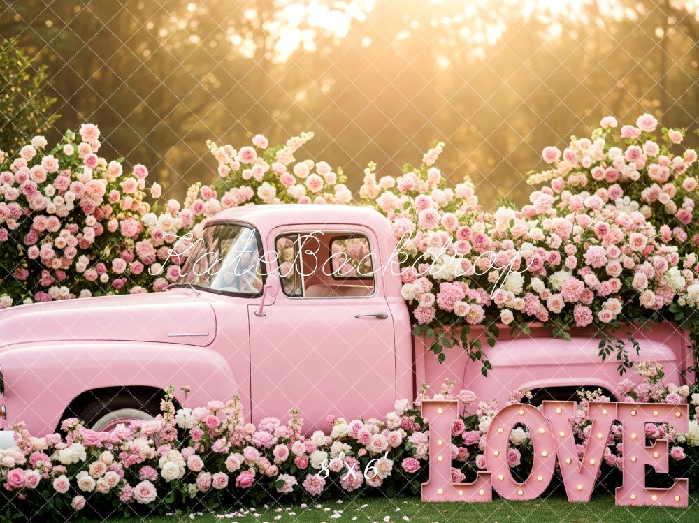 Kate Valentine's Day Truck Pink Flower Arch Love Sign Backdrop Designed by Patty Roberts