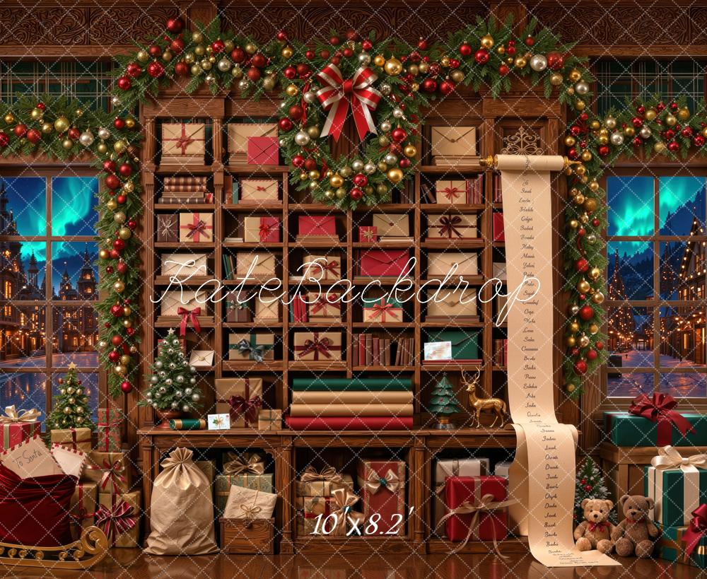 Kate Christmas Santa's Workshop Garland Gift Shelf Printed Backdrop Designed by Mini MakeBelieve